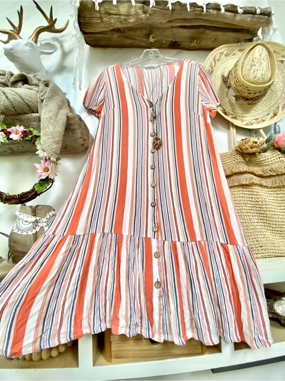 Cottagecore boho stripe dress w vacay resort beach shabby chic feel